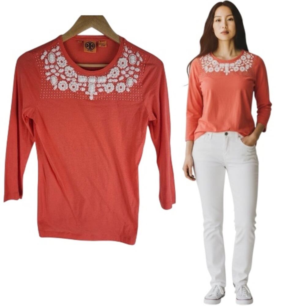 Tory Burch Embellished Long Sleeve Blouse Pink Crew Neck Size XS - Picture 1 of 6
